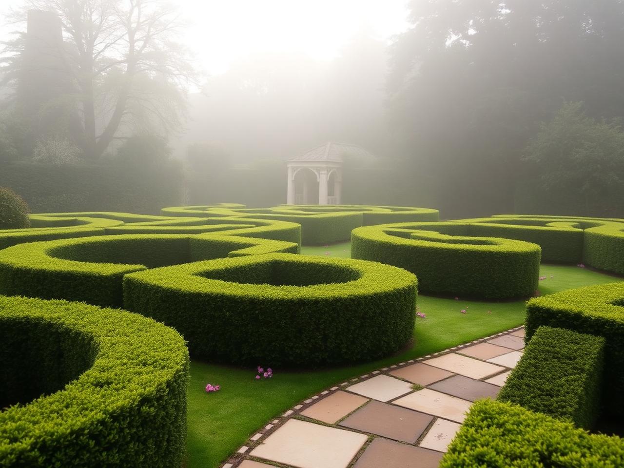 Formal hedge garden in morning mist