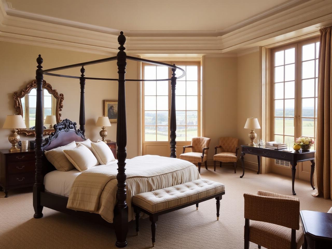 Four-poster bedroom suite overlooking the countryside